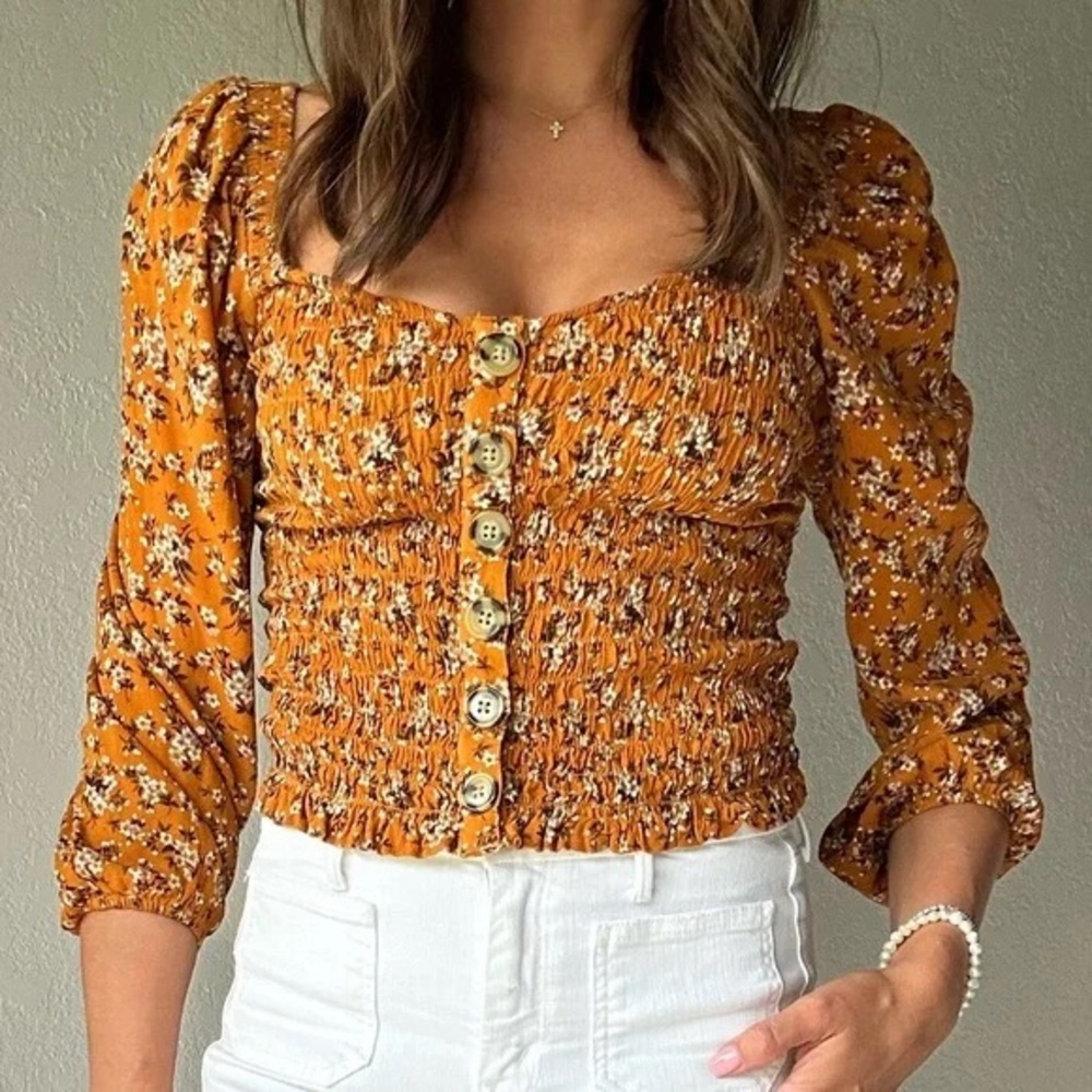 American Eagle Floral Smocked Button Top